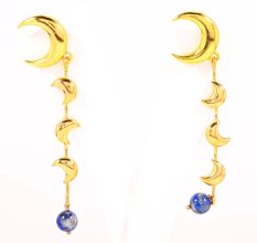 Brass 18k Gold Plated Crescent Moon Dangle Earrings with Lapis Gemstone Gift Jewelry